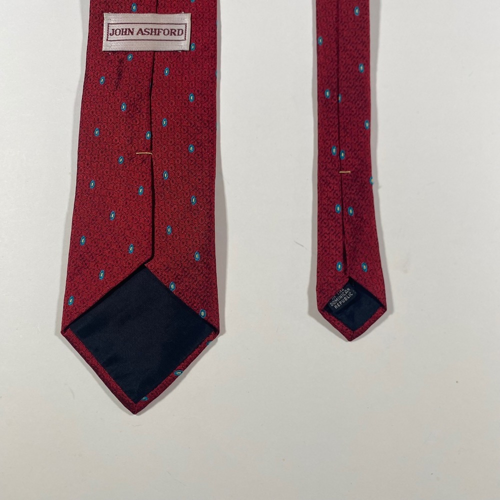 John Ashford Mens Burgundy Red Geometric Teal‎ Dot Silk Blend Necktie 2894 - Picture 2 of 6
